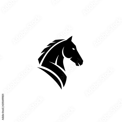 Black horse head silhouette, powerful animal logo, side profile, isolated on white background.