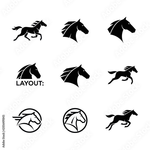 Black Horse Icons Set - Running, Head Silhouette, Emblem, Logo Design