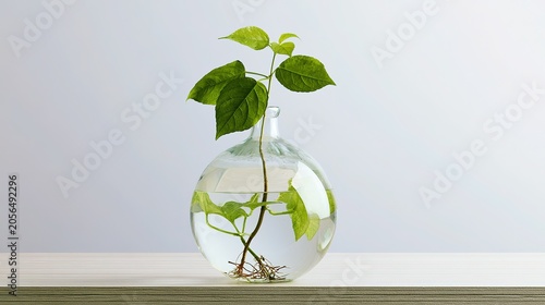 Round glass carboy with water propagation cutting showing new roots, plant decor, natural window light, simple home still life