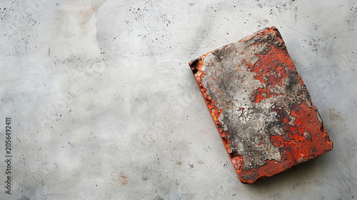 Weathered red brick with chipped corners on concrete