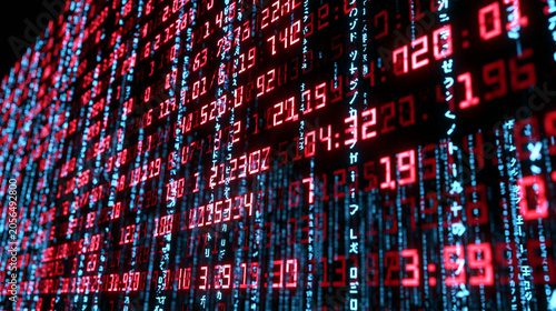 A complex digital interface featuring glowing red numeric values and blue matrix-style code cascading vertically across a black background, symbolizing cyber security, hacking, and data stream proc...