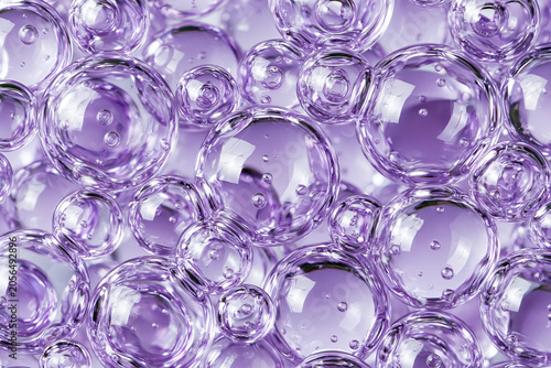 Macro Photography of Translucent Purple Spheres and Bubbles Arranged in a Concentrated Group, Creating a Scientific or Cosmetic Serum Texture Background with Reflections and High Detail