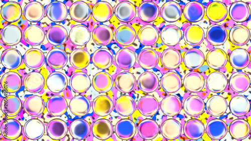 Playful Anime Candy Glass Bubbles Grid Over Warm Sunset Orange Magenta Fluid
