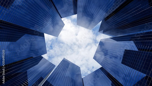 Quadro su tela Low angle 3D render of glass skyscrapers modern office buildings looking up at the cloudy sky