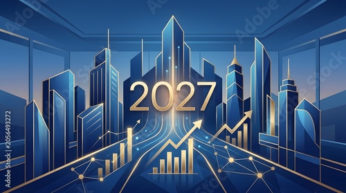 Futuristic cityscape with 2027 and growing graphs