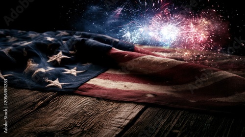 American flag on wood with fireworks background