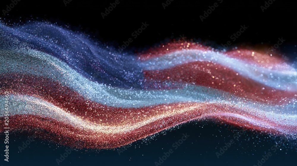 Fototapeta premium Abstract sparkling waves of red and blue light particles on black background