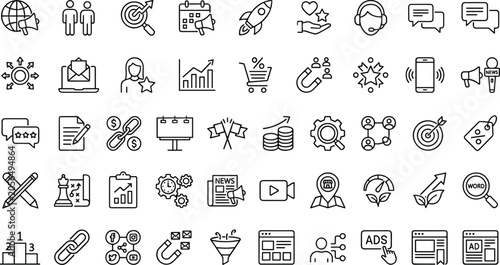 Large digital marketing and search engine optimization line icon set featuring advertising data analytics audience targeting and retail growth strategy