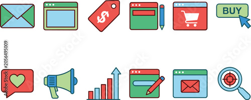 Set of colorful digital marketing and e-commerce flat icons featuring retail shopping analytics target marketing and email promotion