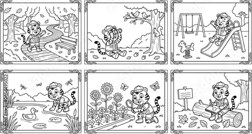 Bild auf Leinwand Cute cartoon tiger scout exploring nature coloring book pages set with outdoor p