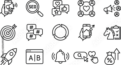 Set of digital marketing and search engine optimization line icons featuring analytics targeting growth strategy and social media engagement