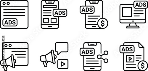 Set of online advertising and digital marketing line icons featuring mobile ads browser promotion and video monetization strategy
