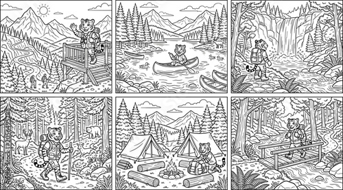 Photography Cute cartoon tiger scout camping and hiking in mountain landscapes coloring book
