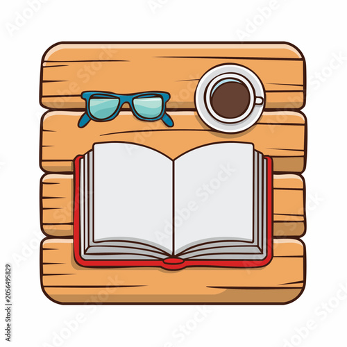 Open Book, Glasses, and Coffee Cup on Wooden Surface