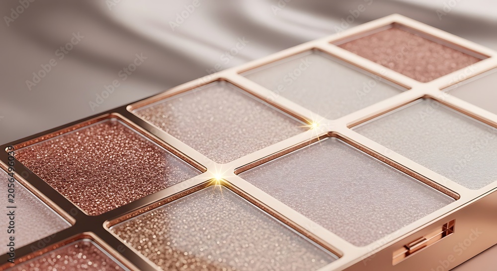 Fototapeta premium Open makeup eyeshadow palette with colorful shimmering powder squares for professional beauty eye makeup looks. glitter eyeshadow holder