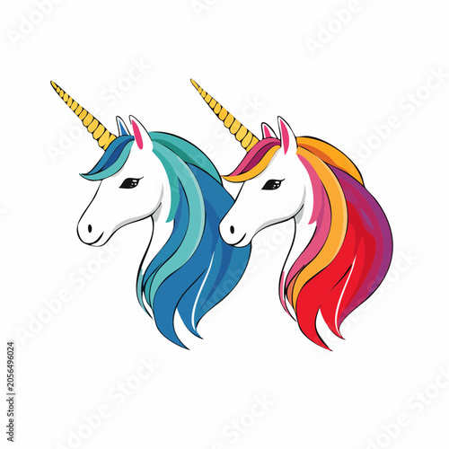 Two Unicorn Heads with Colorful Manes