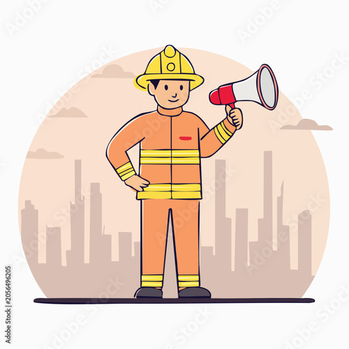 Firefighter with Megaphone in City Silhouette