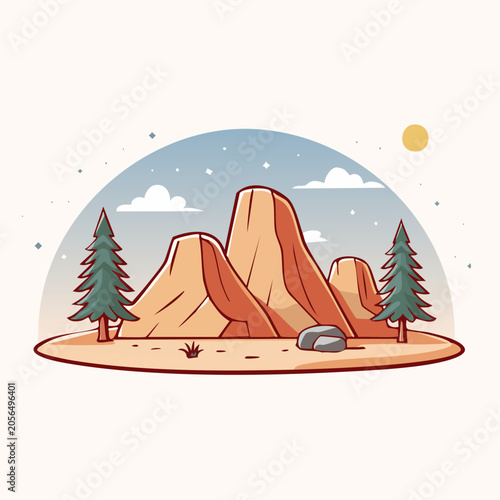 Stylized illustration of a desert landscape with mountains and pine trees