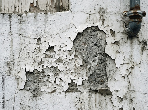 Weathered wall with peeling paint and rusty pipe outdoors