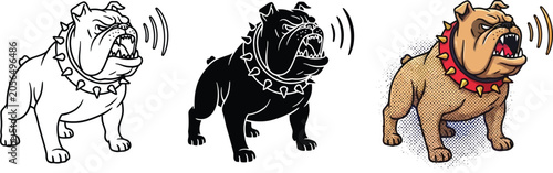 Fotografie Collection of aggressive bulldog illustrations showing barking and growling in d