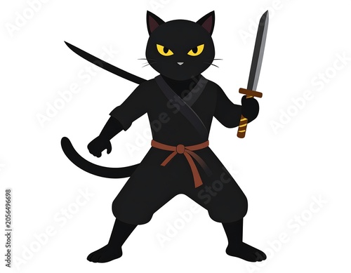 A black cat in a ninja costume with swords