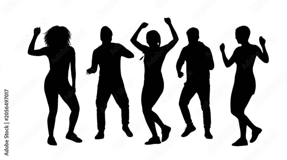 Fototapeta premium Five people dancing together joyfully isolated on transparent background, Vector