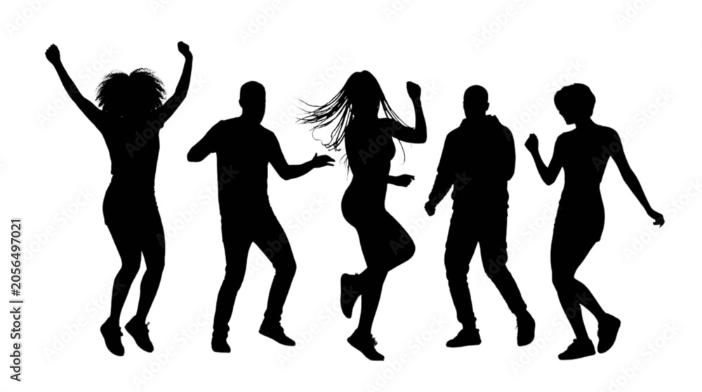 Fototapeta premium Five people dancing together joyfully isolated on transparent background, Vector