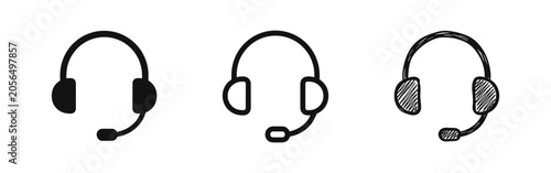 Bild auf Leinwand Customer support headset with microphone icon set in solid, outline, and hand-dr