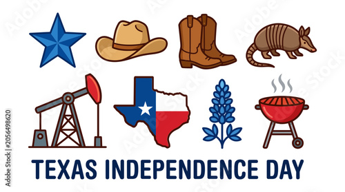 Collection of texas independence day symbols including lone star hat boots armadillo oil rig map and barbecue