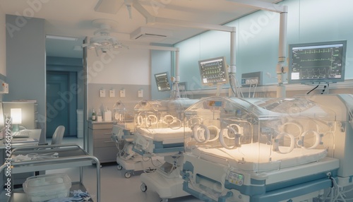 Modern Neonatal Intensive Care Unit Featuring Incubators, Vital Monitoring Equipment, and Sterile Medical Environment for Newborn Care