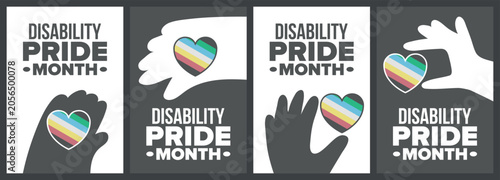 Disability Pride Month Poster Set with Charcoal Grey and White Banners Featuring Disability Flag Colorful Hearts and Supportive Hand Silhouettes