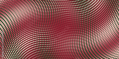 Abstract Christmas background with wavy red green and cream geometric optical lines pattern.