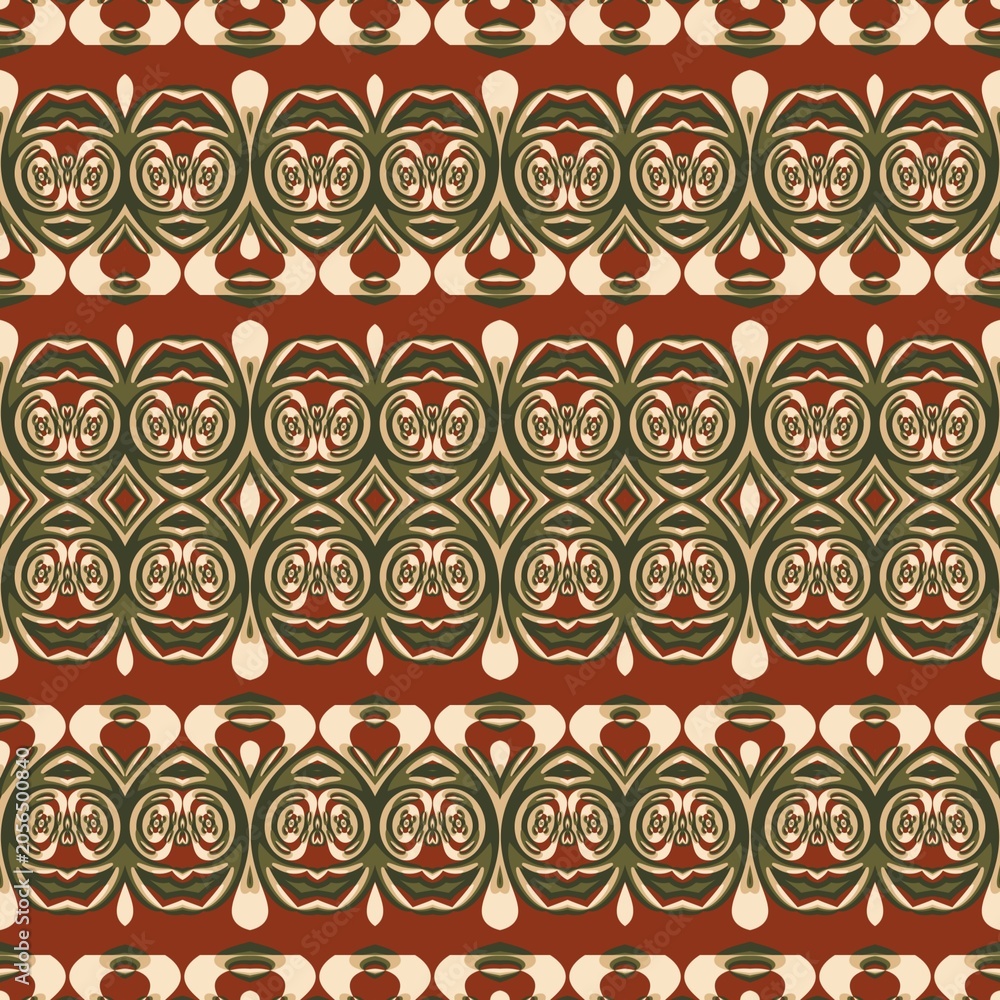 Fototapeta premium Horizontal seamless border pattern featuring intricate mid-century modern geometric elements and symmetric abstract ornaments in an earthy color palette.
