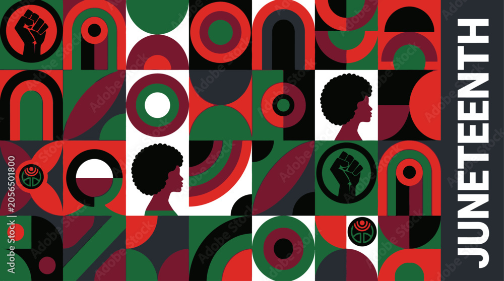 Fototapeta premium Juneteenth celebration with diverse community silhouettes and cultural patterns