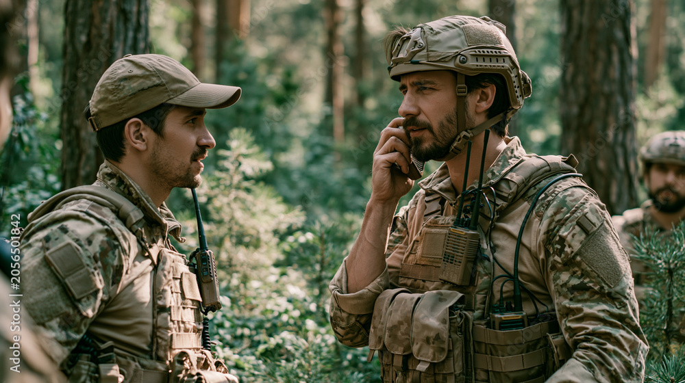 Fototapeta premium Soldiers communicate during training in a forest setting on a sunny day