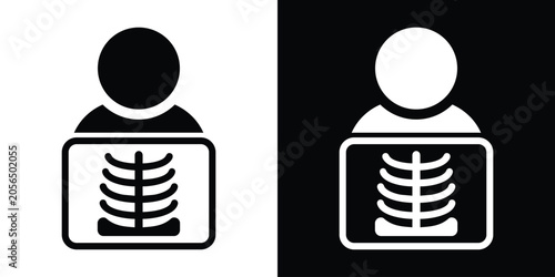 Patient avatar silhouette behind a chest x-ray scan plate icon. Minimalist medical imaging and diagnostics concept in black and white.