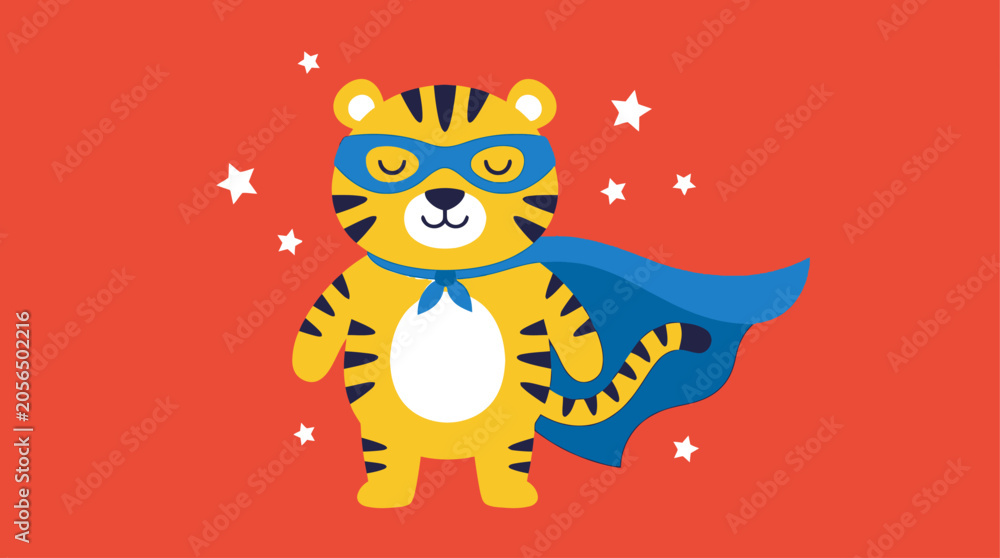 Naklejka premium Cute Superhero Tiger Cartoon Vector Illustration Featuring A Brave Little Animal Character With A Mask And Cape On A Bright Red Background