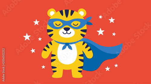 Obraz na płótnie Cute Superhero Tiger Cartoon Illustration with Blue Cape and Mask Against Red Ba