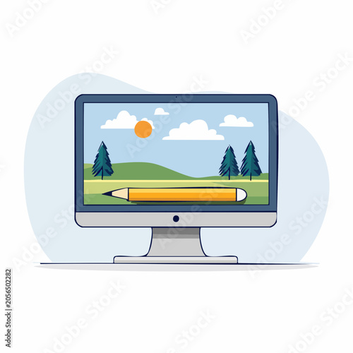 Computer displaying a digital landscape with a pencil