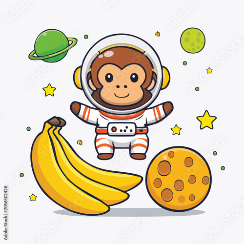Cute Monkey Astronaut with Bananas in Space