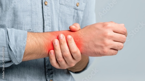 Symptoms of Carpal tunnel. Person holding wrist in pain with red inflammation on wrist joint