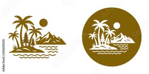 Brown silhouette of summer beach landscape badge design with mountains and sea.
