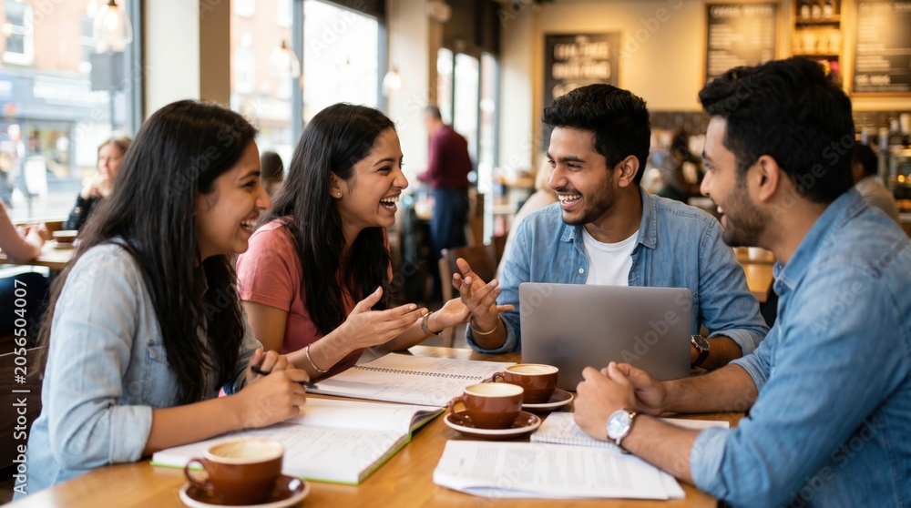 Fototapeta premium Peer-to-Peer Learning Concept: Vibrant Indian University Students Sharing Ideas Over Coffee at Campus Café