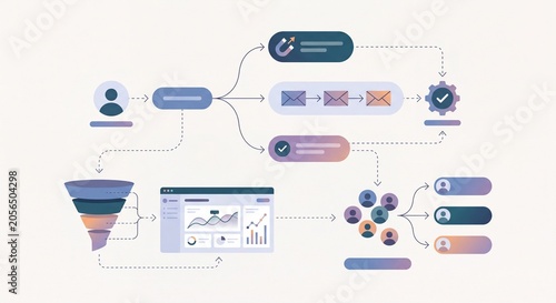 Visualizing a digital marketing funnel with lead generation email automation and customer segmentation illustrating workflow and data analysis for business growth