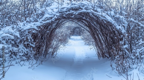 Snow Covered Winter Forest Pathway Tunnel
