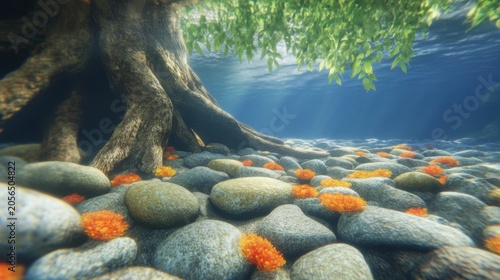 Underwater Tree Roots With Orange Flora and Rippling Water