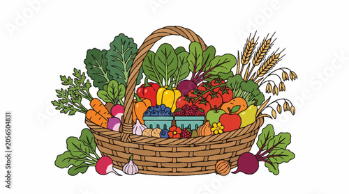 Quadro su tela Abundant Harvest Basket Filled With Fresh Colorful Vegetables And Fruits