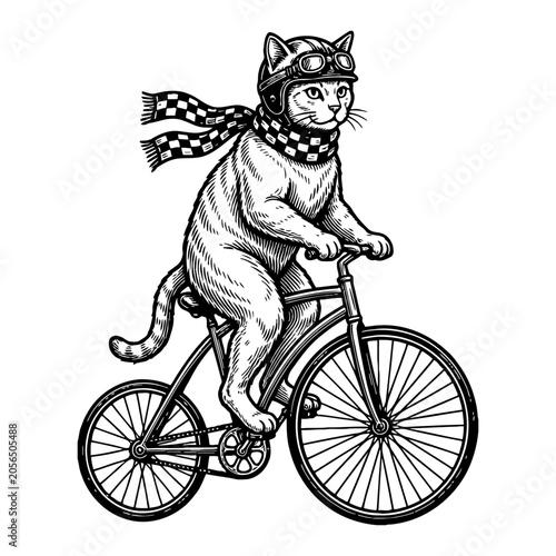 Whimsical cat wearing a helmet and scarf riding a bicycle, line art illustration, playful journey