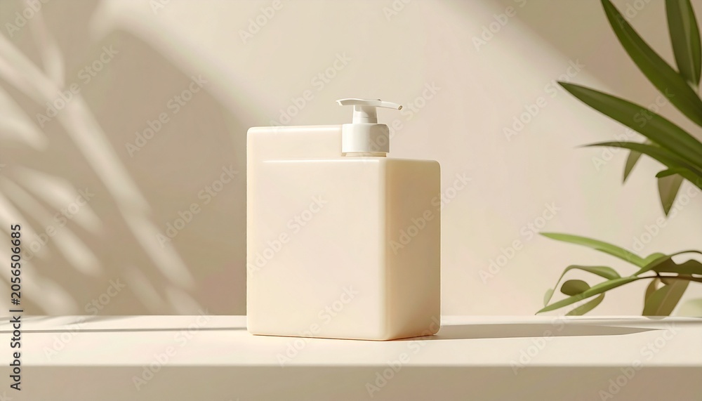 Fototapeta premium A cream-colored soap dispenser sits on a table with green leaves nearby indoors.