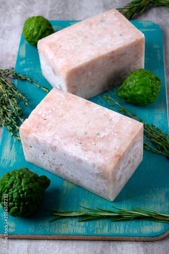 Frozen block minced white fish, Bergamot fruit, thyme and rosemary on turquoise wooden board. Fresh seafood ingredient in the form of pressed briquettes